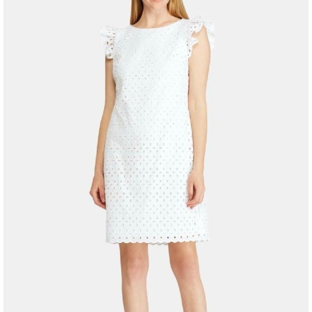 American Living Eyelet Embroidered Lace Flutter Sleeve Scallop Hem Sheath Dress